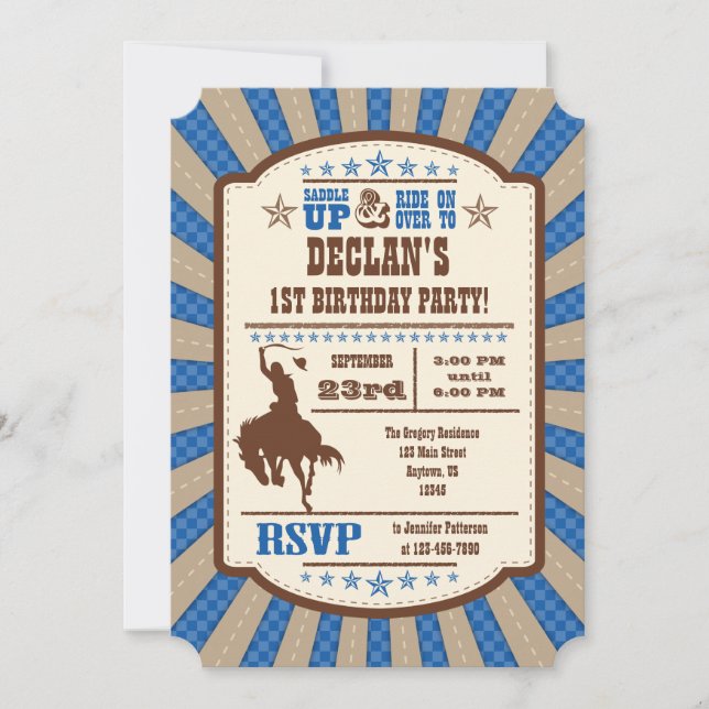 Blue Cowboy Rodeo Anniversaire Fête Invitation (Devant)