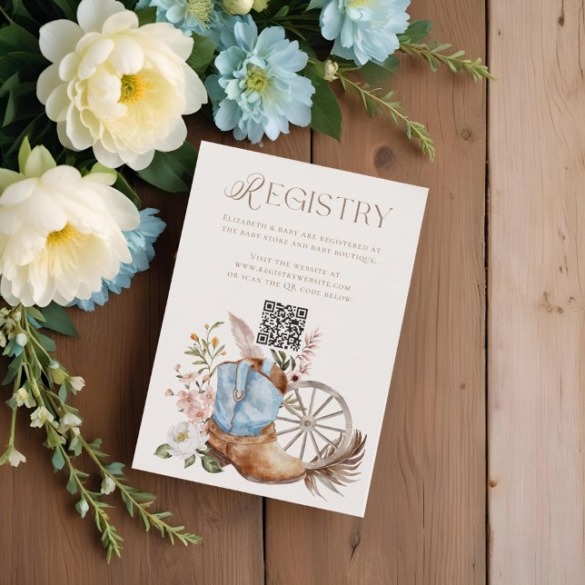 Blue Cowboyl Boot QR Code Registry Baby Shooter Begleitkarte (Blue Cowboyl Boot QR Code Registry Baby Shower Enclosure Card)