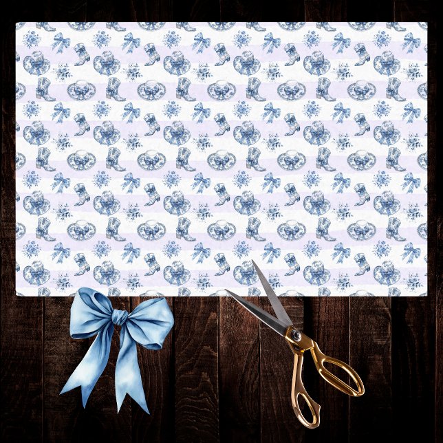 Blue Cowgirl Toile Chinoiserie on Lila Stripes Seidenpapier (Von Creator hochgeladen)