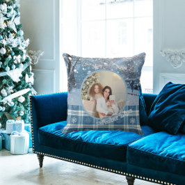 Blue Cozy Plaid Snowy Winter Photo Christmas  Kissen
