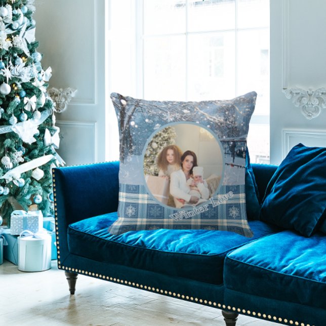 Blue Cozy Plaid Snowy Winter Photo Christmas  Kissen (Pillows may look big to show details )