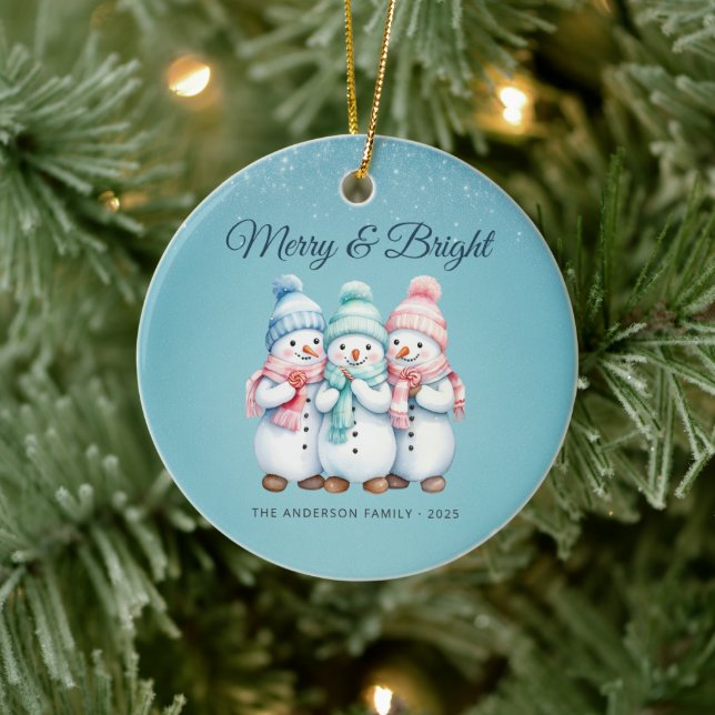 Blue Cozy Snowmen Merry Christmas Family Ornament (Baum)