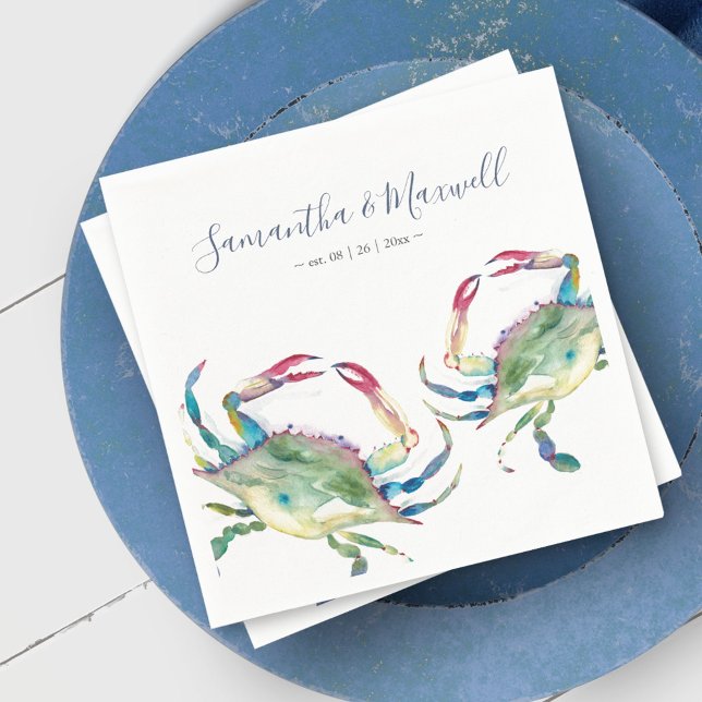 Blue Crab Beach Hochzeit Personalisiert Na Serviette (Custom Napkins Watercolor Blue Crab Beach Wedding Personalized art by Victoria Grigaliunas)