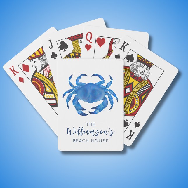 Blue Crab Beach House Spielkarten (Blue coastal crab playing cards with customizable text for family name or beach house.)