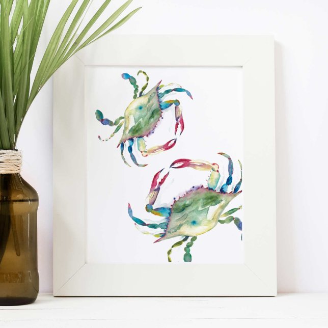 Blue Crab Beach House Watercolor Poster (Unique crab wall art features watercolor blue crabs by Victoria Grigaliunas of Do Tell A Belle)