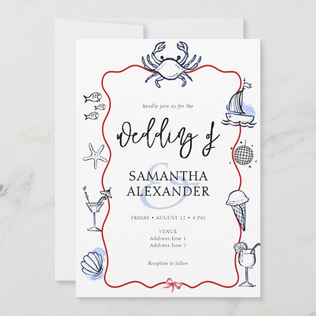 Blue Crab Doodle Beach QR Code RSVP Casual Wedding Einladung (Vorderseite)