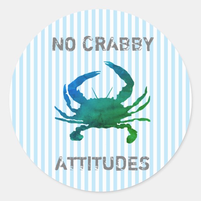 Blue Crab Nautical No Crabby Attitudes Runder Aufkleber (Vorderseite)