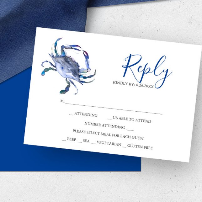 Blue Crab Reply RSVP Cards Karte (RSVP cards watercolor coastal crab in shades of blue by Victoria Grigaliunas od Do Tell A Belle)