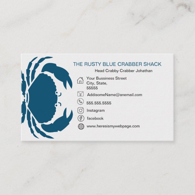Blue Crab Seafood Schwarz-weiß Einfach Übung Visitenkarte (Vorderseite)