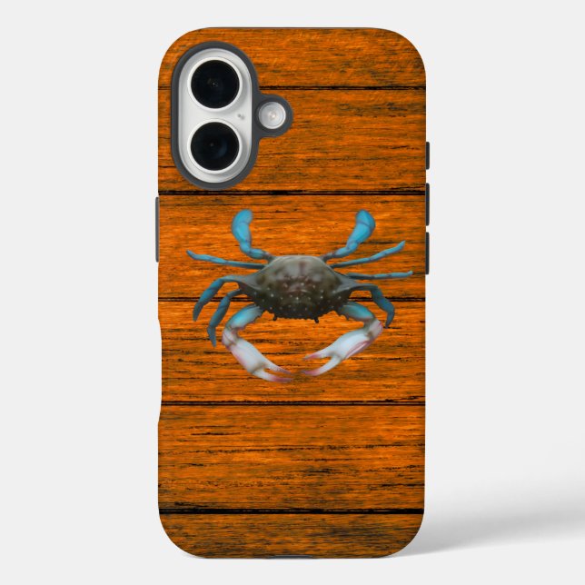 Blue Crab Wood Grain iPhone 16 Fall Hülle (Rückseite)