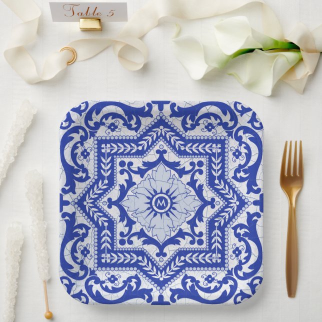 Blue Cracked Keramik Style Azulejo Vintag Pappteller (Hochzeit)