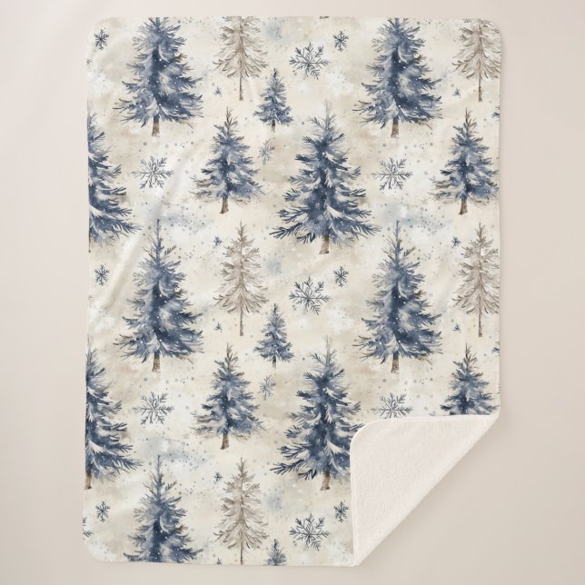 Blue Cream Christmas Trees Snowflakes Sherpadecke (Vorderseite)