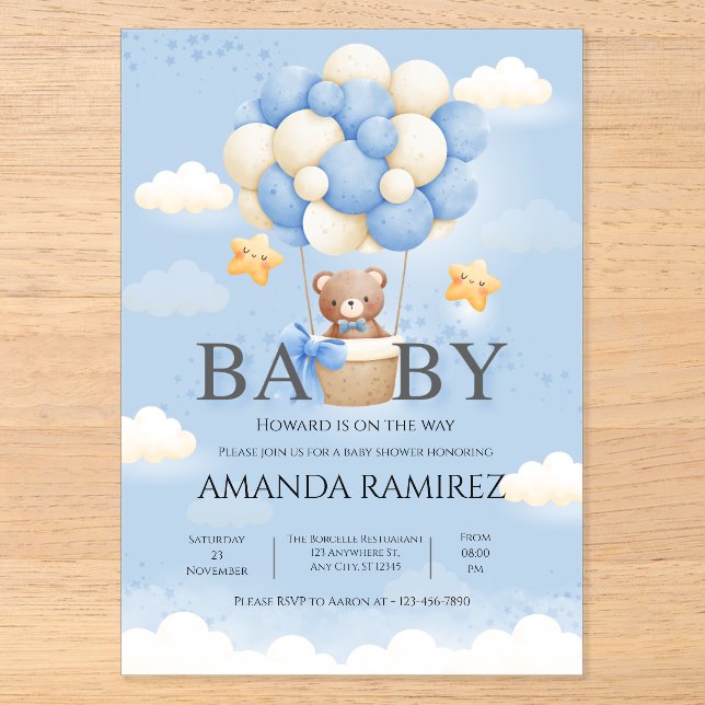 Blue & Cream Elephant Baby Boy Dusche Acryleinladungen (Vorderseite)