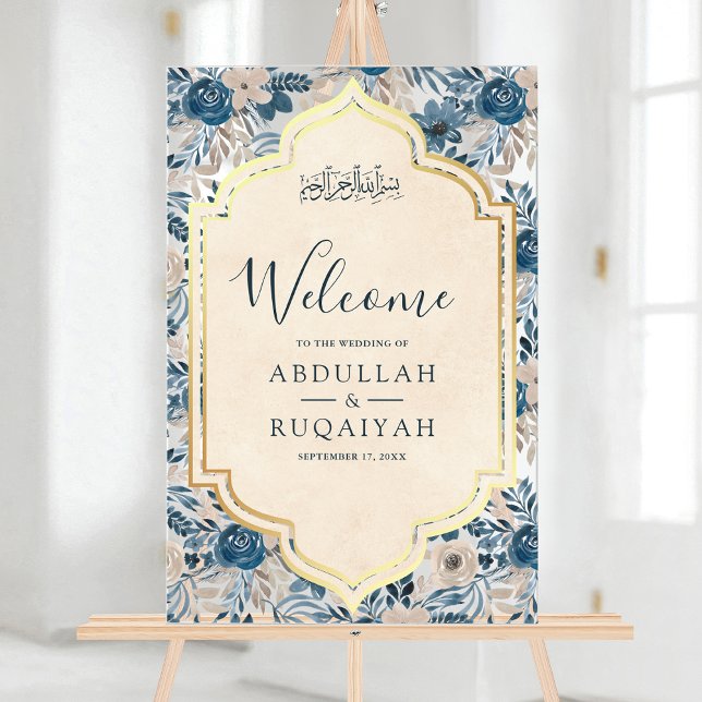Blue Cream Floral Gold Muslim Wedding Welcome (Créateur téléchargé)