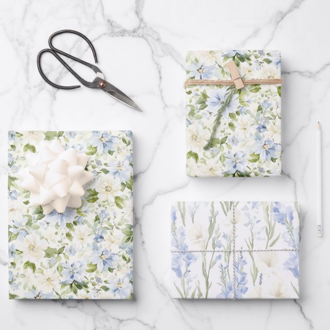 Blue Cream Floral Wedding Geschenkpapier Set (Vorderseite)