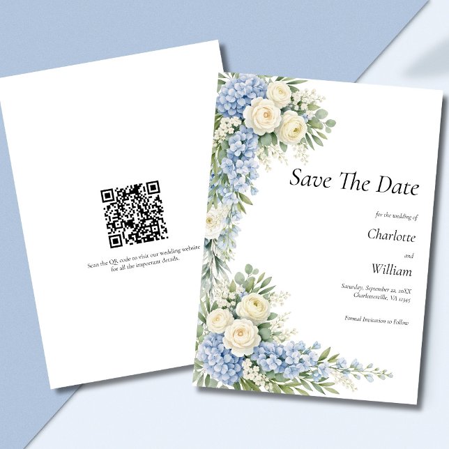 Blue Cream Florals Wedding Save The Date QR Code Einladung (Blue cream white watercolor florals Wedding Save the date Card with QR code on back)