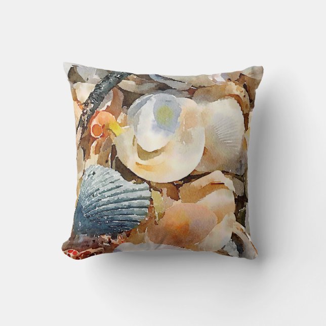 Blue & Cream Muscheln & Driftwood on Beach Sand Kissen (Vorderseite)