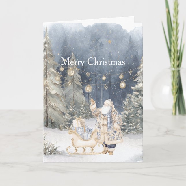 Blue Cream Santa Snow Christmas Trees Karte (Vorderseite)