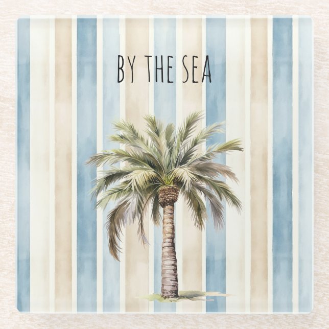 Blue Cream Stripes Tropical Palm Tree Glasuntersetzer (Vorderseite)