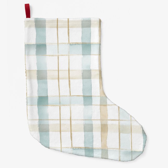 Blue Cream White Plaid Christmas Großer Weihnachtsstrumpf (Vorderseite)