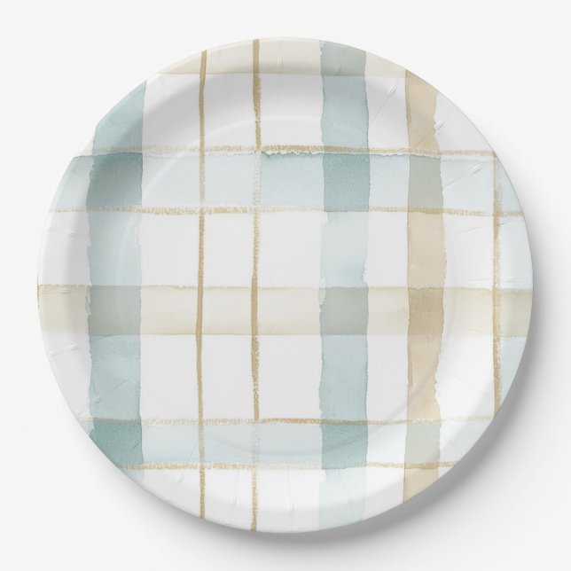 Blue Cream White Plaid Stripes Birthday Pappteller (Vorderseite)