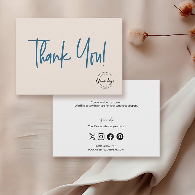 Blue Creme Black Company Logo Social Vielen Dank Dankeskarte (Custom Cream and Blue small business thank you for your business card with social media icons.)