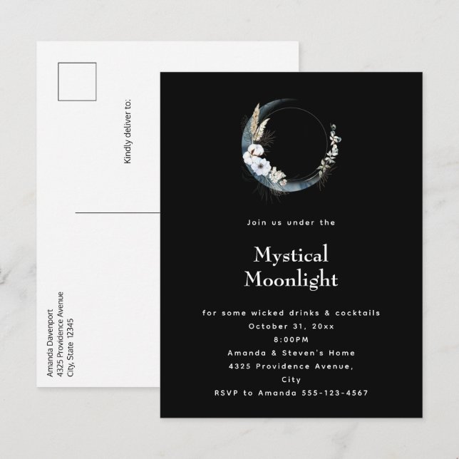 Blue Crescent Moon White Blume Halloween-Party Einladungspostkarte (Vorne/Hinten)