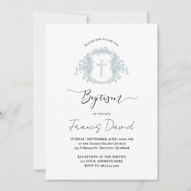 blue crest black script Baptism Invitation Einladung (Vorderseite)