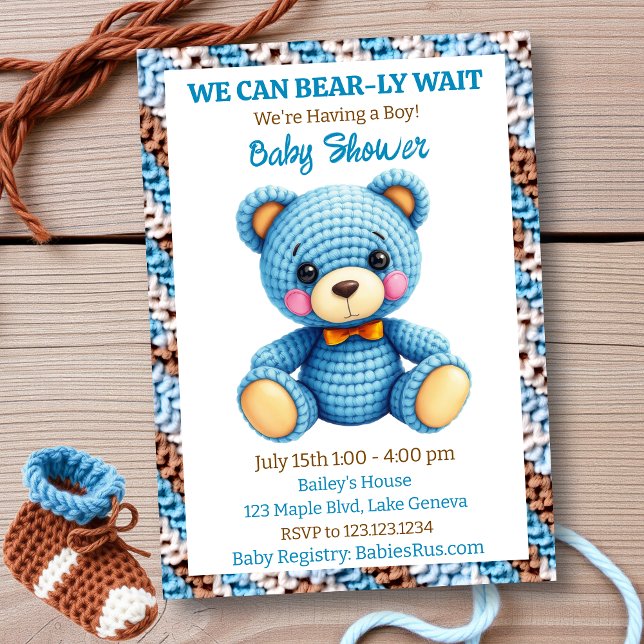 Blue Crocheted Teddy Bear Boy's Baby Shower Einladung (Von Creator hochgeladen)