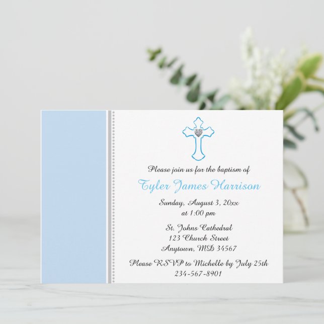 Blue Cross Baby Baptisse / Christening Einladung (Stehend Vorderseite)