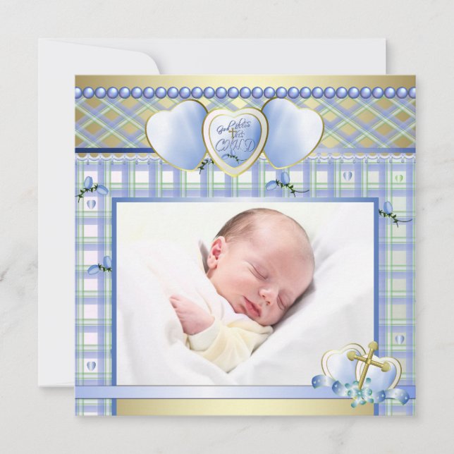 Blue Cross Blue Baby Boy Foto Christening Einladung (Vorderseite)