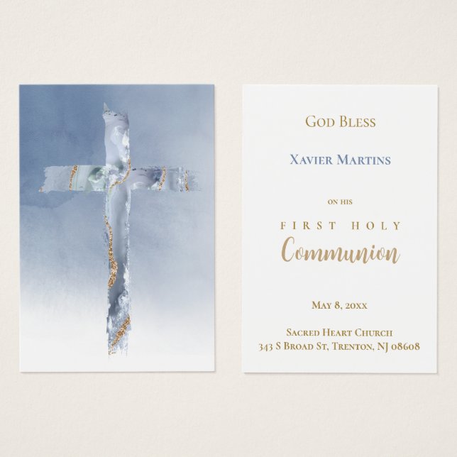 Blue cross First Communion remembrance card (Vorne & Hinten)