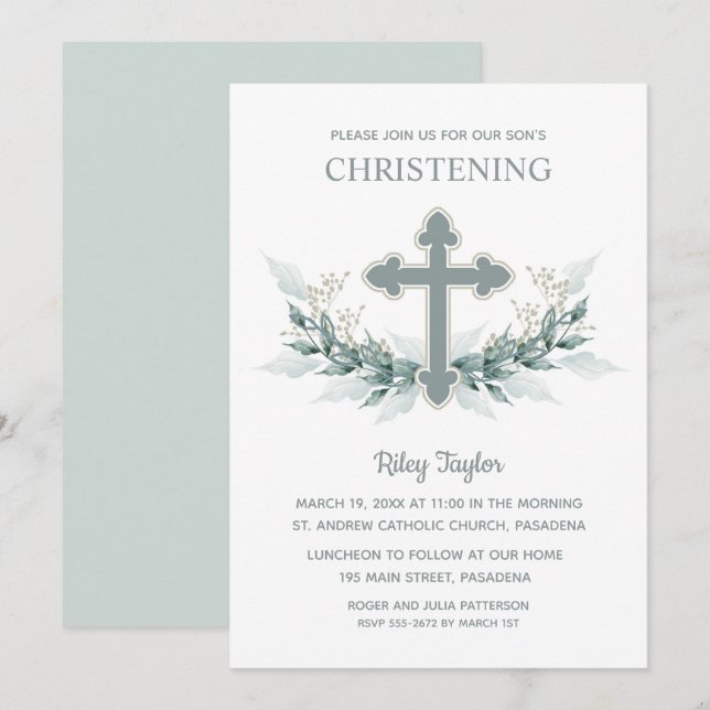 Blue Cross Greenerening Christening Einladung (Vorne/Hinten)