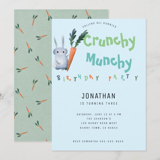 Blue Crunchy Munchy Bunny Birthday Party Niedlich  Einladung (Vorne/Hinten)