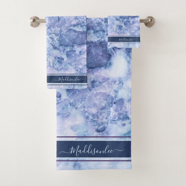 Blue Crystal Monogram Name Marble Agate Custom Badhandtuch Set (Insitu)