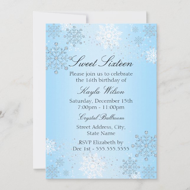 Blue Crystal Snowflake Winter Wonderland Sweet 16 Einladung (Vorderseite)