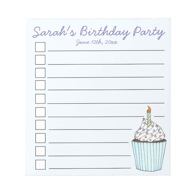 Blue Cupcake Personalisiert Birthday Party Gefalle Notizblock (Vorderseite)
