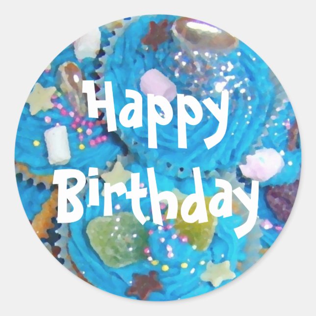 Blue Cupcakes 'Happy Birthday ' weiße Aufkleber (Vorderseite)