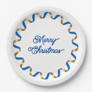 Blue Curly Ribbon Rahmen Weihnachtspapier Platte Pappteller