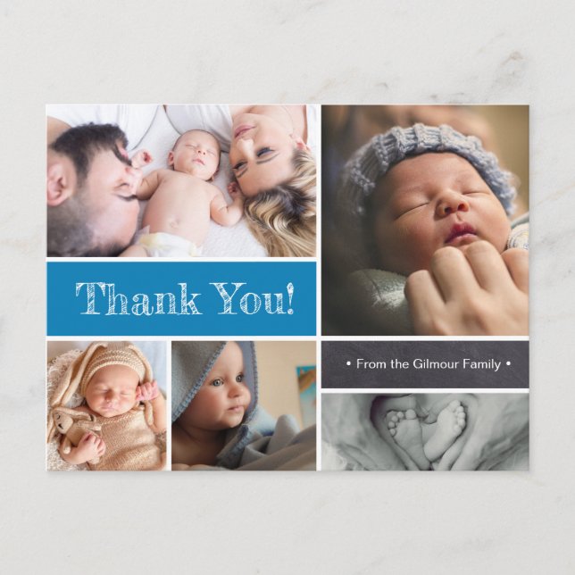 Blue Custom Baby Geburtsankündigung Vielen Dank Postkarte (Vorderseite)