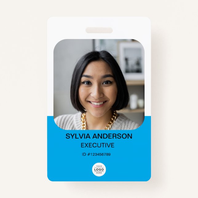 Blue Custom Foto Employee ID Logo QR Code Ausweis (Vorderseite)