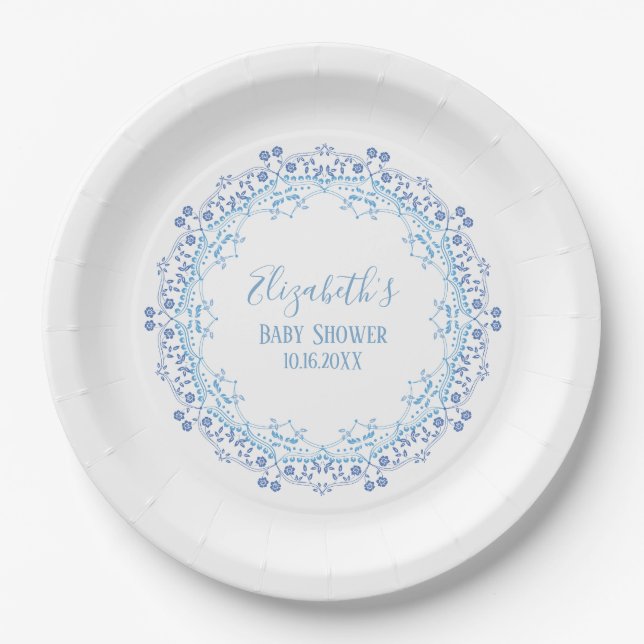 Blue Custom Monogram Simple Floral Elegant Pappteller (Vorderseite)