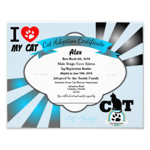 Blue Customizable Cat Adoption Certificate Fotodruck