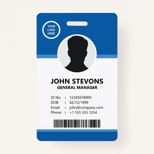 Blue Customizable Corporate Employee Logo Foto Ausweis (Vorderseite)