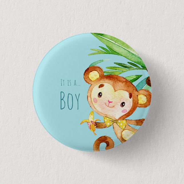Blue Cute Monkey Baby Boy Announcement 2 Button (Vorderseite)