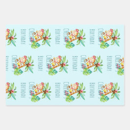 Blue Cute Monkey Personalized Happy Birthday Geschenkpapier Set