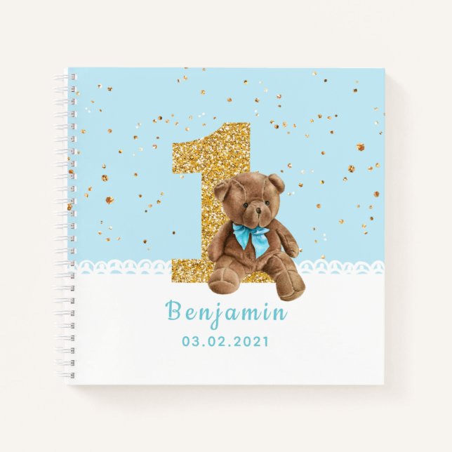Blue Cute Teddy Bear 1er Anniversaire Livre d'hôte (Devant)