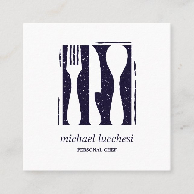 Blue Cutlery Koch Catering Restaurant Quadratische Visitenkarte (Vorderseite)