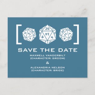 Blue D20 Dice Gamer Save the Date Postcard Ankündigungspostkarte