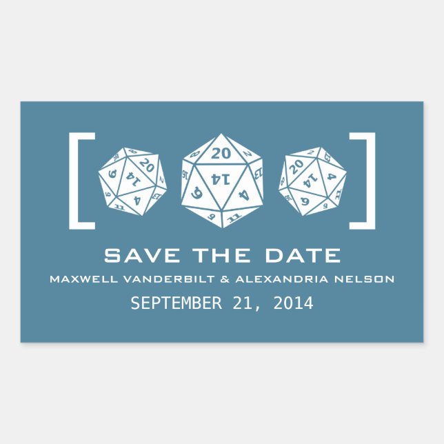 Blue D20 Dice Gamer Save the Date Stickers (Vorderseite)
